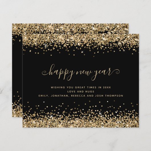 Budget Gold Glitter Black Happy Nieuwjaar Kaart (Voorkant / Achterkant)