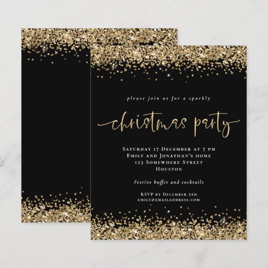 Budget Gold Glitter Black Kerstparty uitgenodigd (Voorkant / Achterkant)