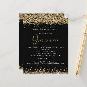 Budget Gold Glitter Black Quinceanera Uitnodiging