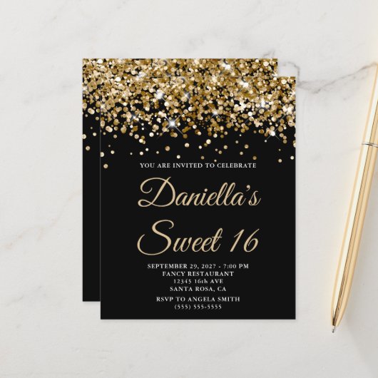 Budget Gold Glitter Black Sweet 16 Uitnodiging (Voorkant / Achterkant in situ)
