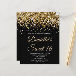 Budget Gold Glitter Black Sweet 16 Uitnodiging