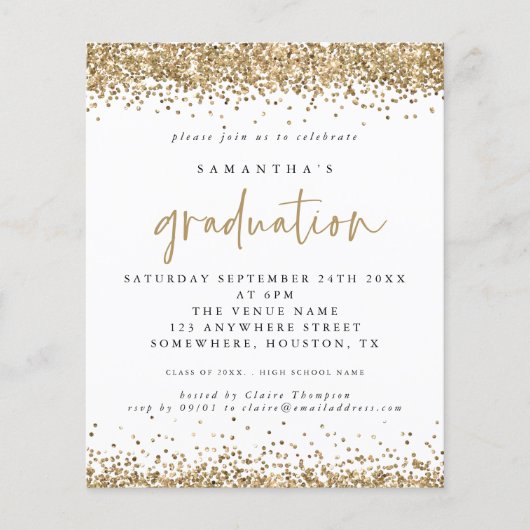 Budget Gold Glitter Border Afstuderen Uitnodiging (Voorkant)