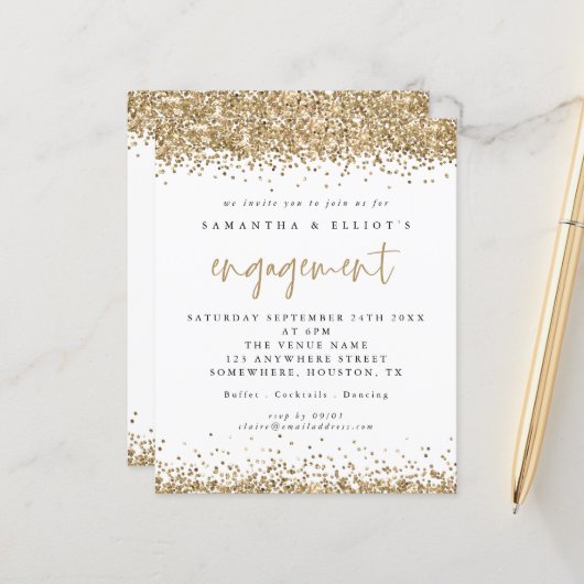 Budget Gold Glitter Border Engagement Party nodigt (Voorkant / Achterkant in situ)