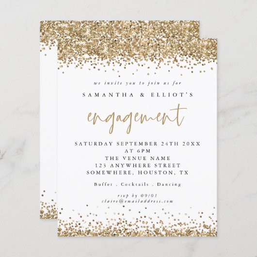 Budget Gold Glitter Border Engagement Party nodigt (Voorkant / Achterkant)