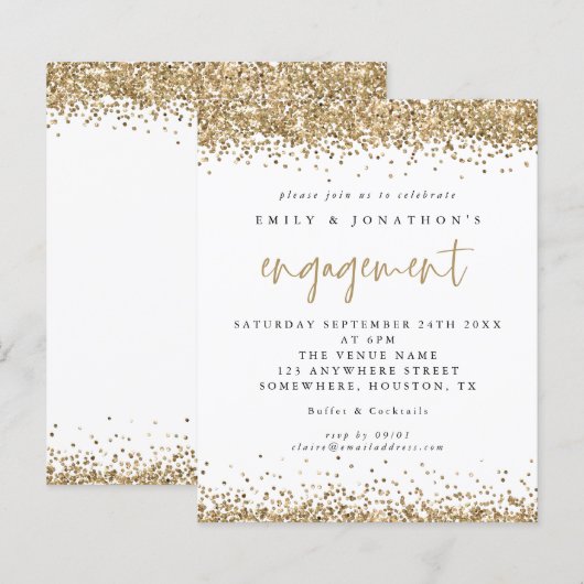 Budget Gold Glitter Border Verloving Uitnodiging (Voorkant / Achterkant)