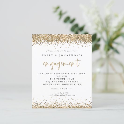 Budget Gold Glitter Border Verloving Uitnodiging (Staand voorkant)