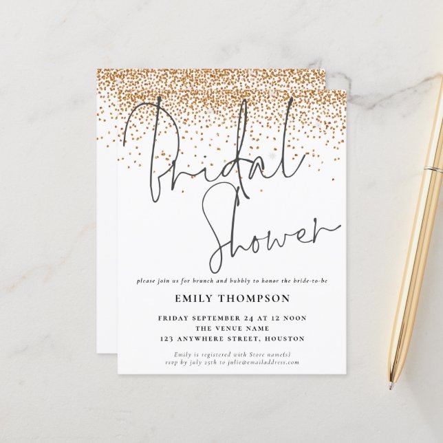Budget Gold Glitter Bridal Shower-uitnodiging (Voorkant / Achterkant in situ)