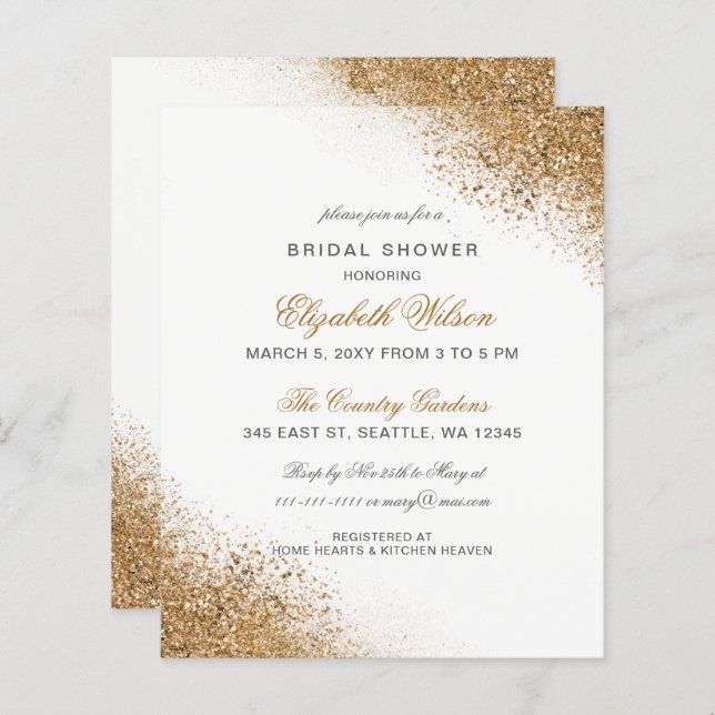 Budget Gold Glitter Bridal Shower-uitnodiging (Voorkant / Achterkant)
