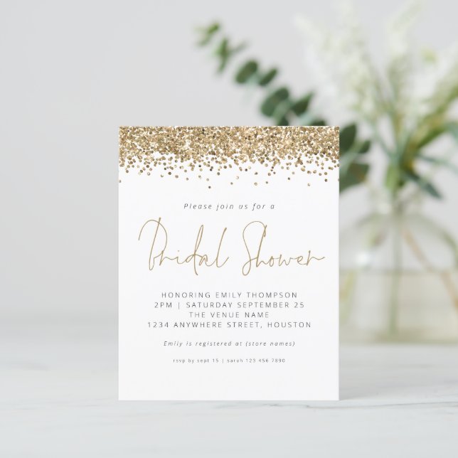 Budget Gold Glitter Bridal Shower-uitnodiging (Staand voorkant)