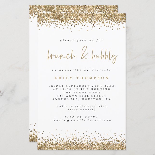 Budget Gold Glitter Brunch Bubble Vrijgezellenfees (Voorkant / Achterkant)