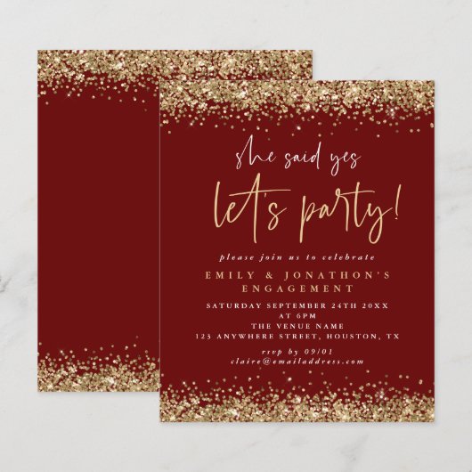 Budget Gold Glitter Burgundy Verloving Invite (Voorkant / Achterkant)