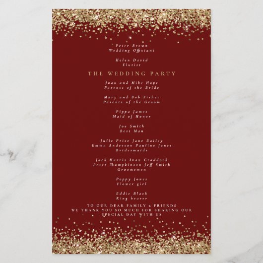 Budget Gold Glitter Burgundy Wedding Programme (Achterkant)