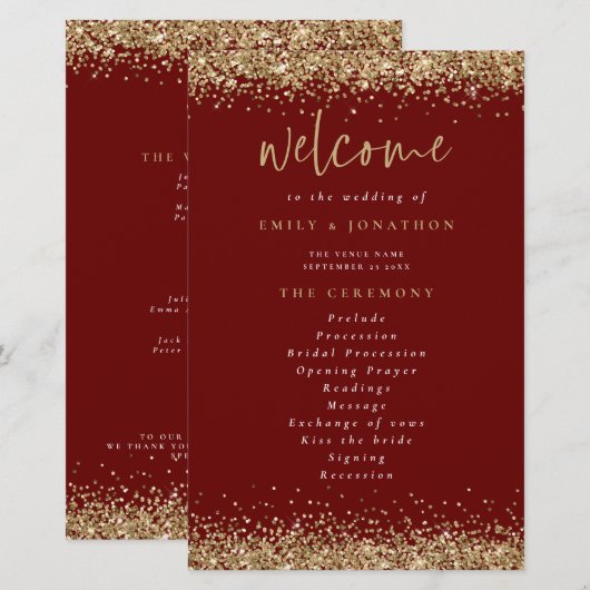 Budget Gold Glitter Burgundy Wedding Programme (Voorkant / Achterkant)