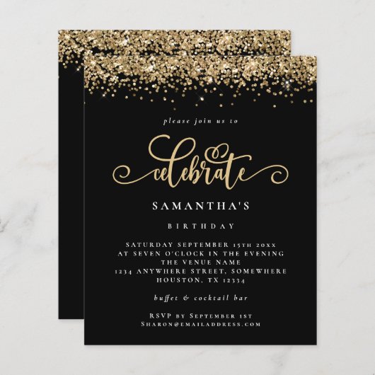 Budget Gold Glitter Celebrate Birthday Black (Voorkant / Achterkant)
