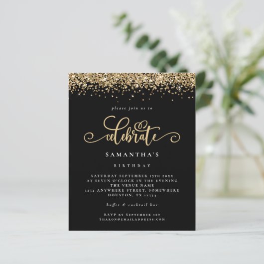 Budget Gold Glitter Celebrate Birthday Black (Staand voorkant)