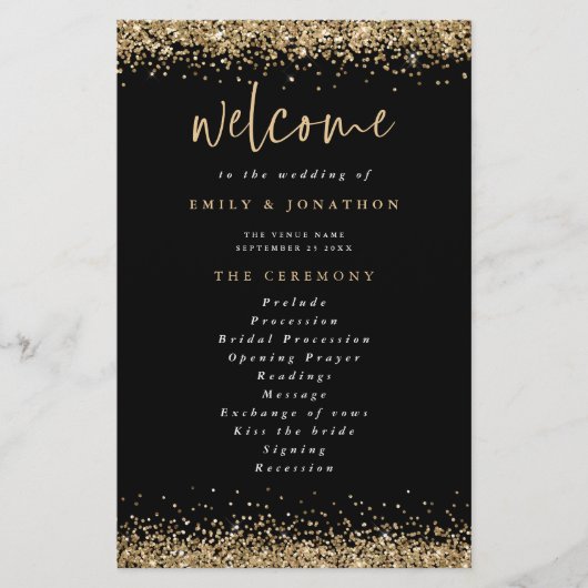 Budget Gold Glitter Confetti Black Wedding Program (Voorkant)