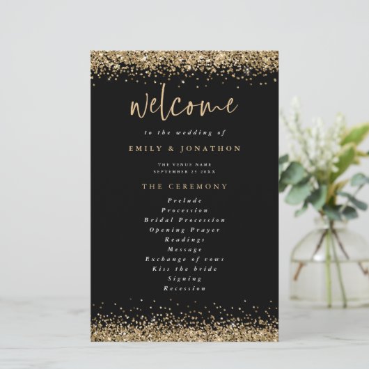Budget Gold Glitter Confetti Black Wedding Program (Staand voorkant)