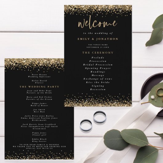 Budget Gold Glitter Confetti Black Wedding Program