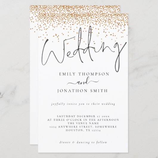 Budget Gold Glitter Confetti Script Wedding Invite (Voorkant / Achterkant)