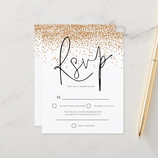 Budget Gold Glitter Confetti Wedding RSVP (Voorkant / Achterkant in situ)