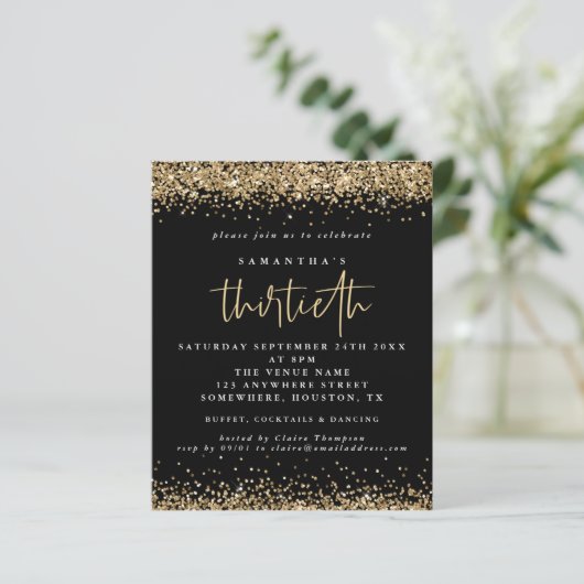 Budget Gold Glitter Dertigst Black Invite (Staand voorkant)