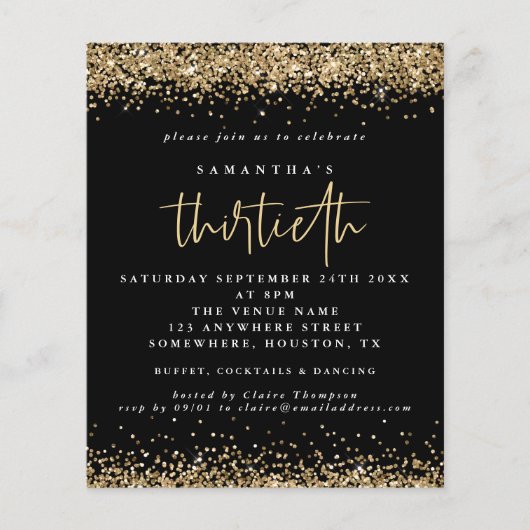 Budget Gold Glitter Dertigst Black Invite (Voorkant)