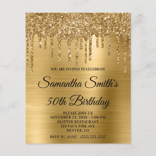 Budget Gold Glitter Drip 50ste Verjaardag Uitnodig (Voorkant)