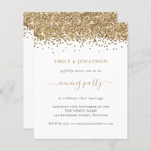 Budget Gold Glitter Evening Wedding Uitnodiging (Voorkant / Achterkant)