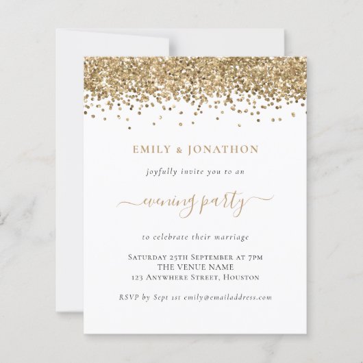 Budget Gold Glitter Evening Wedding Uitnodiging (Voorkant)