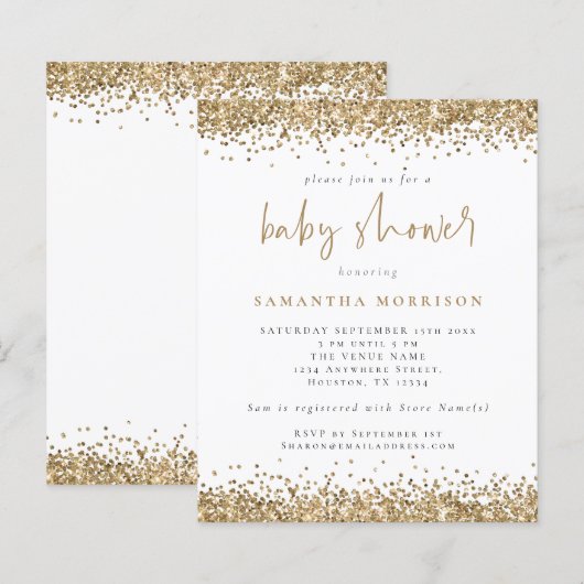 Budget Gold Glitter Girl Boy Baby shower nodigt ui (Voorkant / Achterkant)