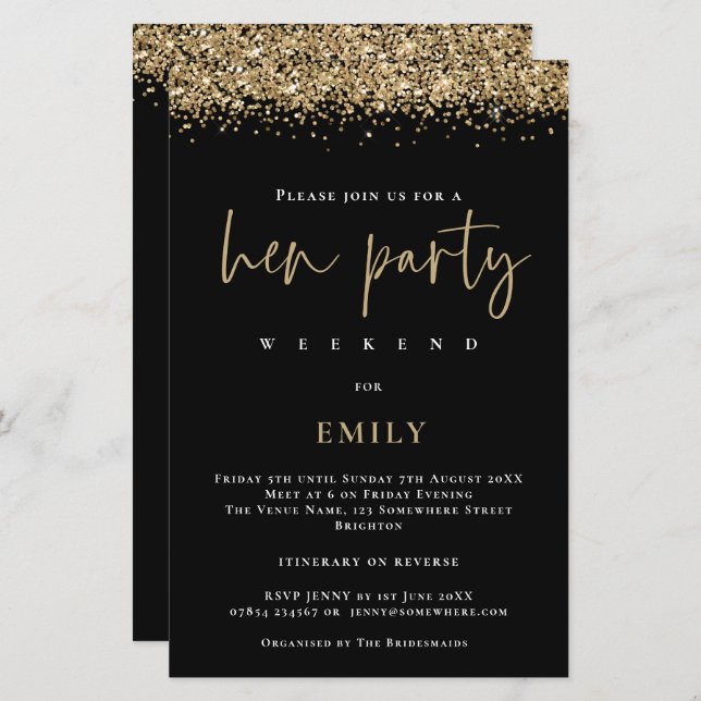 Budget Gold Glitter Hen Party Weekend Black Invite (Voorkant / Achterkant)