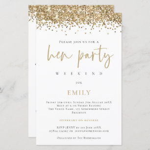 Budget Gold Glitter Hen Party Weekend Invite