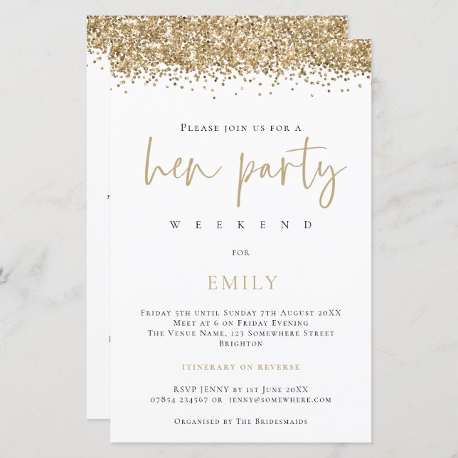 Budget Gold Glitter Hen Party Weekend White Invite (Voorkant / Achterkant)