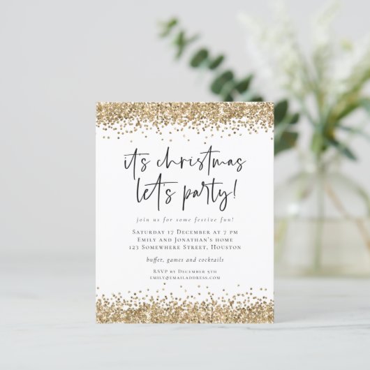 Budget Gold Glitter-kerstfeestfeest Uitnodiging (Staand voorkant)