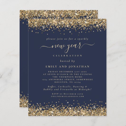 Budget Gold Glitter Navy Blue New Years Eve Party (Voorkant / Achterkant)