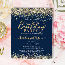 Budget Gold Glitter Navy Blue Verjaardag Uitnodigi