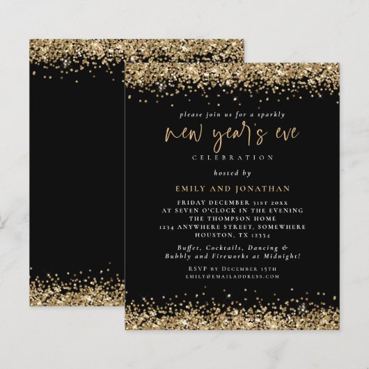 Budget Gold Glitter - Nieuwe jaren Eve Black Invit (Voorkant / Achterkant)