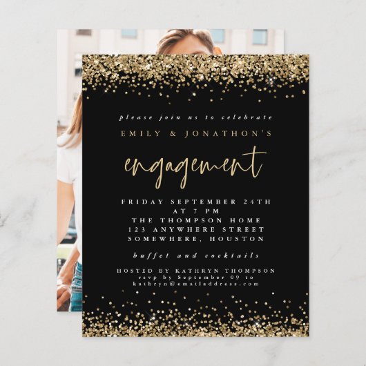 Budget Gold Glitter Photo Verloving Black Uitnodig (Voorkant / Achterkant)