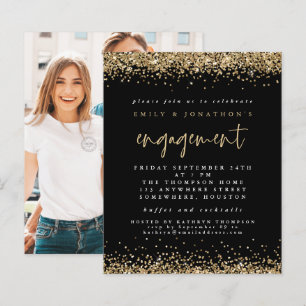 Budget Gold Glitter Photo Verloving Black Uitnodig