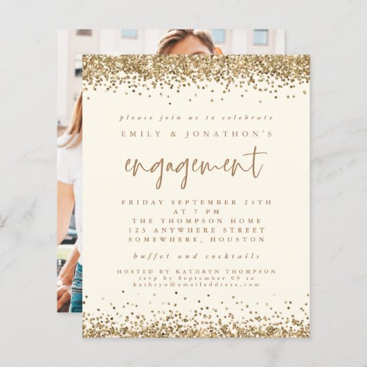 Budget Gold Glitter Photo Verloving Cream Invite (Voorkant / Achterkant)