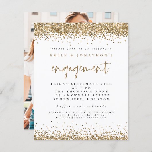 Budget Gold Glitter Photo Verloving Invitation (Voorkant / Achterkant)
