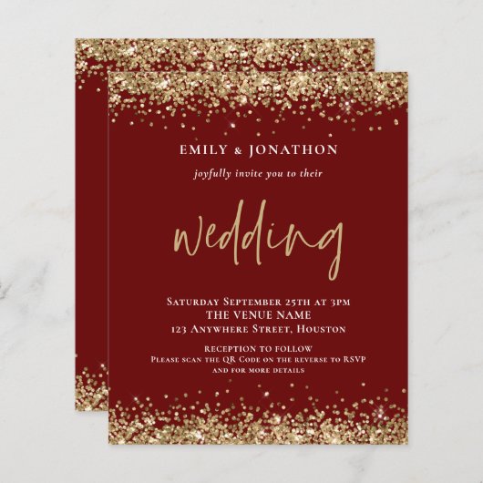 Budget Gold Glitter QR-code Weddenschap Bourgogne (Voorkant / Achterkant)