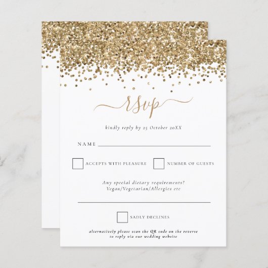 Budget Gold Glitter QR Code Weddenschap RSVP (Voorkant / Achterkant)