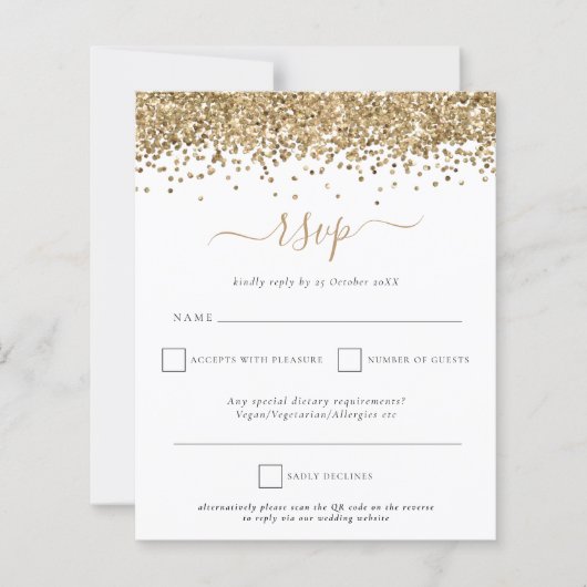 Budget Gold Glitter QR Code Weddenschap RSVP (Voorkant)