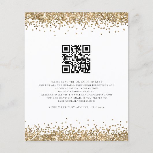 Budget Gold Glitter QR Code Weddenschap Uitnodigin (Achterkant)