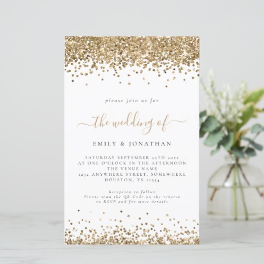 Budget Gold Glitter QR Code Weddenschap Uitnodigin (Staand voorkant)