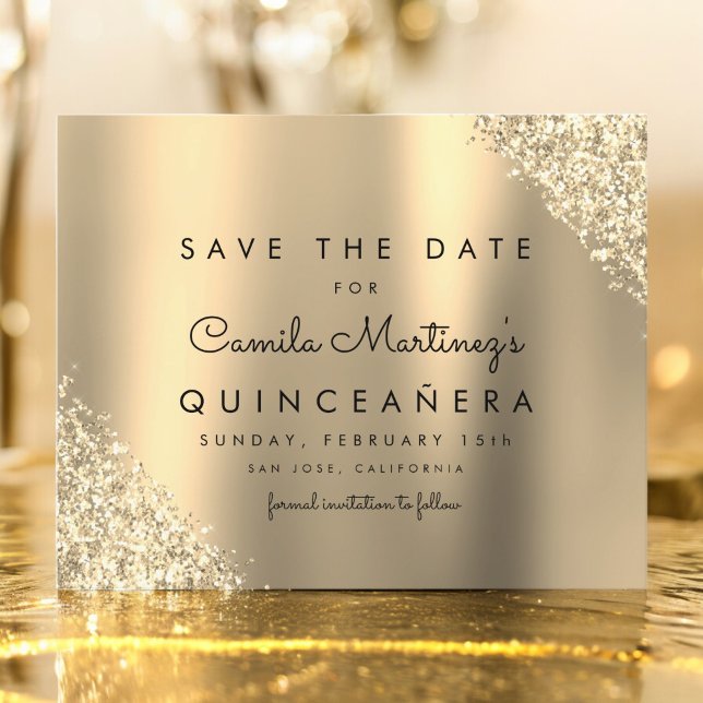 Budget Gold Glitter Quinceanera Save the Date (Creator heeft geüpload)