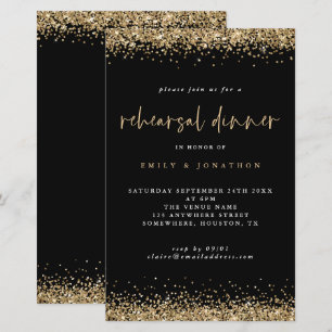 Budget Gold Glitter Rehearsal Dinner Black Invite