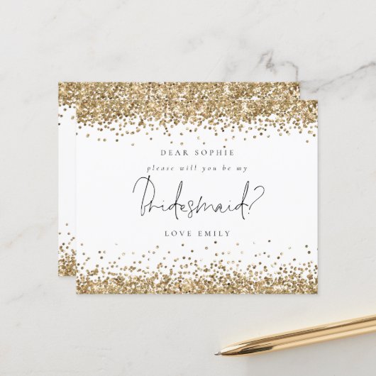 Budget Gold Glitter Script Bridesmaid Verzoek (Voorkant / Achterkant in situ)