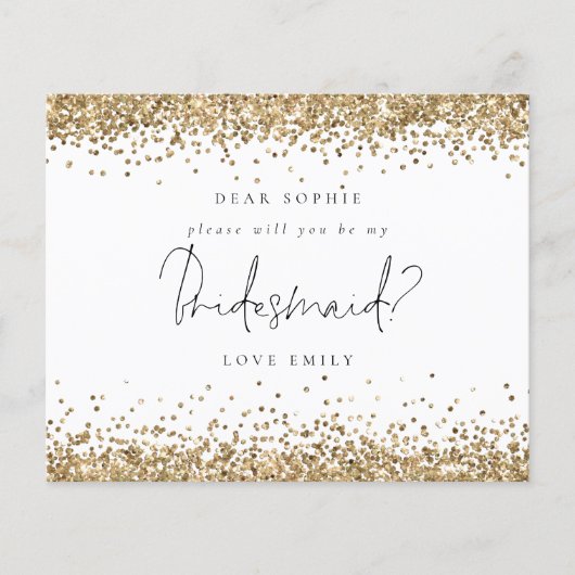 Budget Gold Glitter Script Bridesmaid Verzoek (Voorkant)